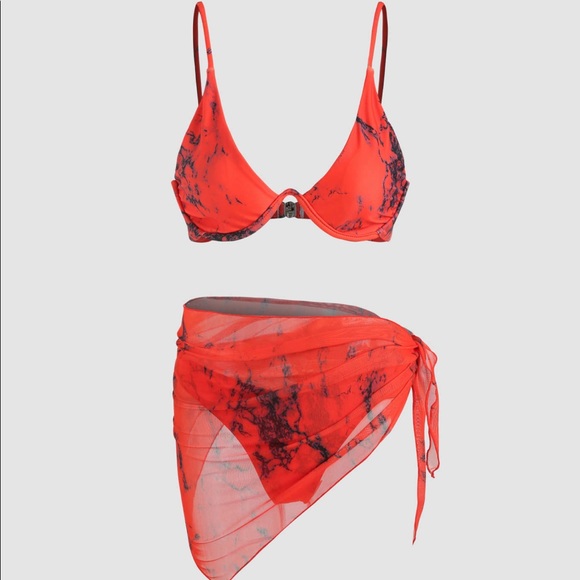❤️‍🔥Red Marble Print Bikini & Cover Up (3 Piece)❤️‍🔥 - Picture 1 of 6